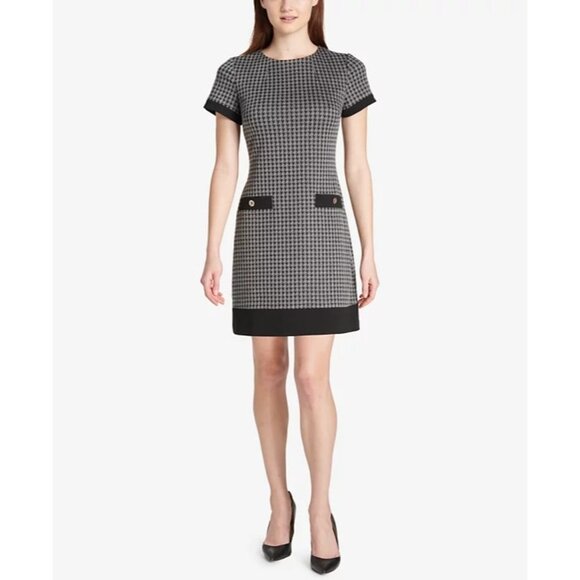 Tommy Hilfiger Dress Womens 12 Gray Black Jacquard Houndstooth knee length shift - Picture 2 of 12
